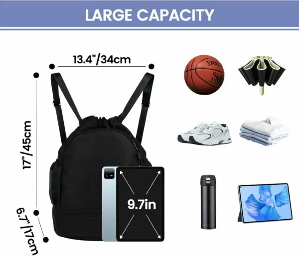 61fSDzlUj L. AC SL1500 Drawstring Backpack Sports Gym Bag with Shoe Compartment Water Resistant Cinch String Bag for Women Men Soccer Travel (Black)