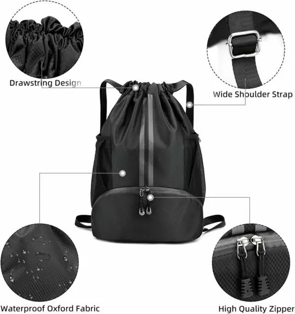 61nRifPRV3L. AC SL1200 Valleycomfy Sports Drawstring Backpack - Water Resistant String Bag with Side Mesh Pockets Shoe Compartment Gym Backpack for Women & Men Black