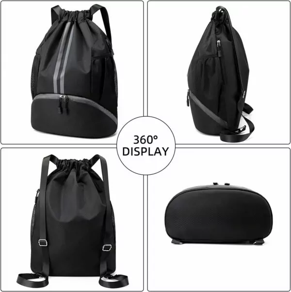 61rPd4Hik9L. AC SL1200 Valleycomfy Sports Drawstring Backpack - Water Resistant String Bag with Side Mesh Pockets Shoe Compartment Gym Backpack for Women & Men Black