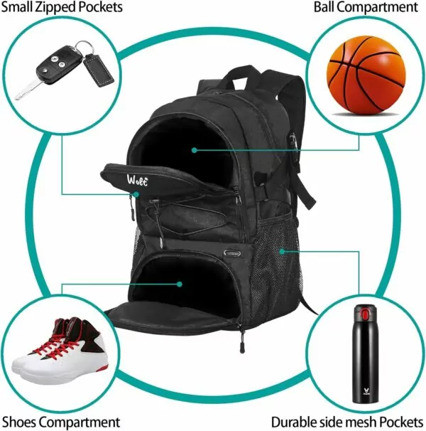 716lkfp+0DL. AC SL1500 WOLT | Basketball Backpack Large Sports Bag with Separate Ball Holder & Shoes Compartment, Best for Basketball, Soccer, Volleyball, Swim, Gym, Travel(Black)