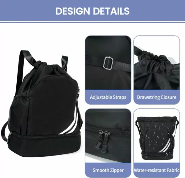 71Ah0kk684L. AC SL1500 Drawstring Backpack Sports Gym Bag with Shoe Compartment Water Resistant Cinch String Bag for Women Men Soccer Travel (Black)