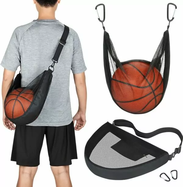 Single Ball Bag with Zipper Pocket Mesh Shoulder Bag with Buckle Clip Sport Equipment Storage Net for Carring Basketball Soccer Volleyball Rugby Also as Swim Beach Bag Gym Sports Crossbody Bag