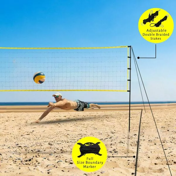 Volleyball Net Outdoor - Includes 32x3 Ft Large Regulation Size Net, Soft Volleyball, Carrying Bag, Boundary Lines, Steel Poles & Pump - Large Volleyball Net for Backyard, Beach, Pool