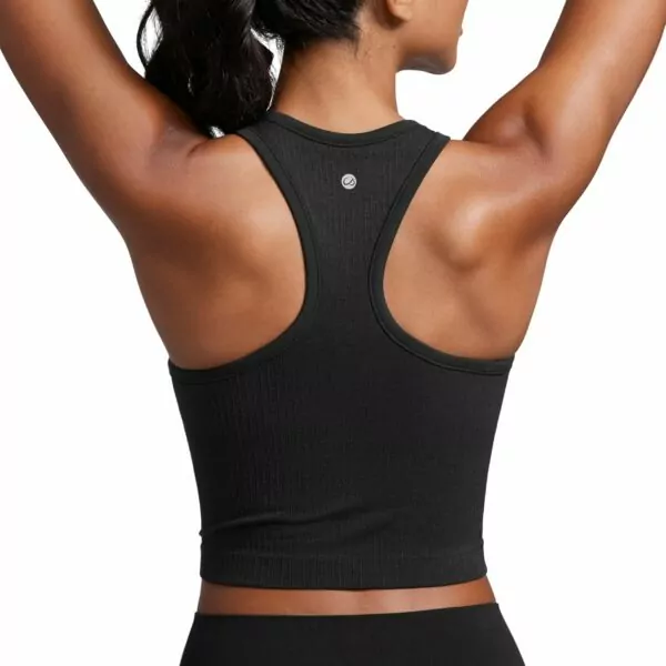 CRZ YOGA Womens Seamless Ribbed Longline High Neck Sports Bra - Racerback Padded Slim Fit Crop Tank Top with Built in Bra