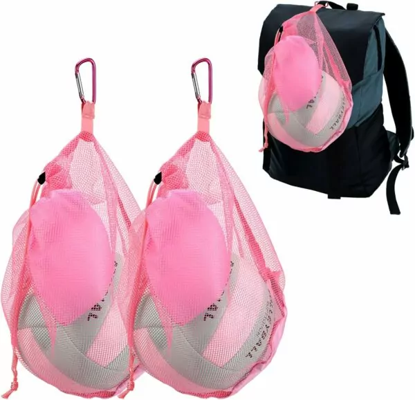 DLUGOPIS Pink Mesh Volleyball Bag Single Ball with Clip Drawstring Sackpack Soccer Ball Bag Basketball Bag Backpack Swim Bag Carry Bag with Zipper Pocket For Men Women Teen Gym Sports Gifts