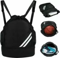 Drawstring Backpack Sports Gym Bag with Shoe Compartment Water Resistant Cinch String Bag for Women Men Soccer Travel (Black)