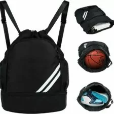 Drawstring Backpack Sports Gym Bag with Shoe Compartment Water Resistant Cinch String Bag for Women Men Soccer Travel (Black)