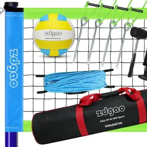 Outdoor Portable Volleyball Net System - Adjustable Height Poles with Soft Volleyball Ball, Pump, Hammer, Boundary Line, and Carry Bag for Backyard, Beach, Lawn