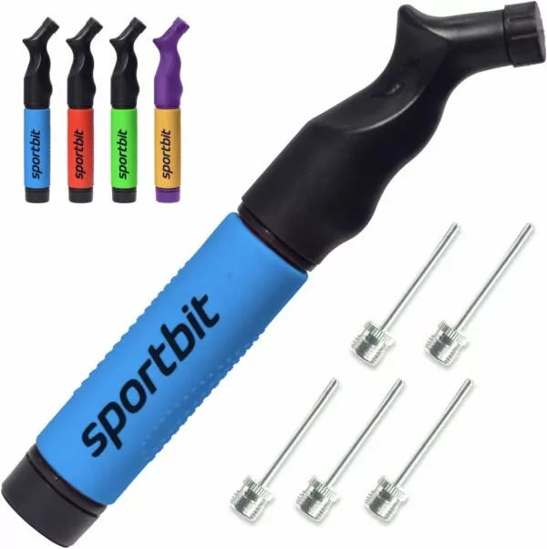 SPORTBIT Ball Pump for Sports Balls - Push & Pull Inflating System - Hand Pump for All Exercise Balls - Volleyball Pump, Basketball Inflator, Football & Soccer Ball Air Pump - Goes with 5 Needles Set