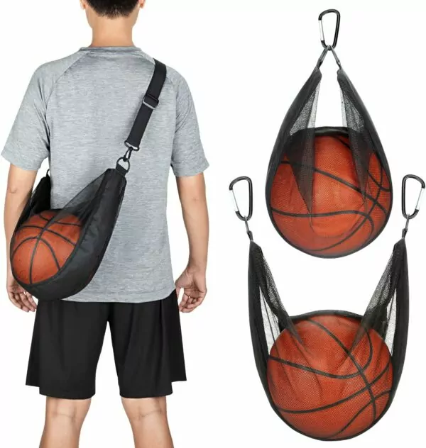 Single Ball Bag with Zipper Pocket Mesh Shoulder Bag with Buckle Clip Sport Equipment Storage Net for Carring Basketball Soccer Volleyball Rugby Also as Swim Beach Bag Gym Sports Crossbody Bag