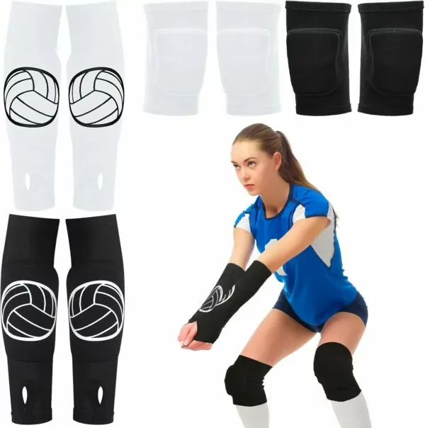 Sosation 2 Set Volleyball Knee Pads and Volleyball Arm Sleeves with Protection Pad Compression Forearm Wrist Guard with Thumb Hole Soft Breathable Pads for Hitting Passing