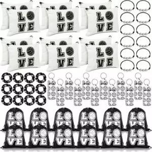 Tigeen 60 Pcs Volleyball Gifts for Teen Girls 12 Volleyball Drawstring Gift Bags, 12 Charm Bracelet, 12 Hair Scrunchies, 12 Makeup Bag, 12 Lipstick Holders Keychain Sports Party Supplies Gifts