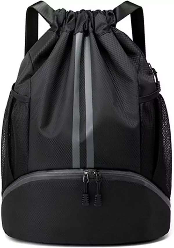 Valleycomfy Sports Drawstring Backpack - Water Resistant String Bag with Side Mesh Pockets Shoe Compartment Gym Backpack for Women & Men Black