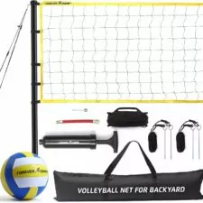 Volleyball Net Outdoor - Includes 32x3 Ft Large Regulation Size Net, Soft Volleyball, Carrying Bag, Boundary Lines, Steel Poles & Pump - Large Volleyball Net for Backyard, Beach, Pool