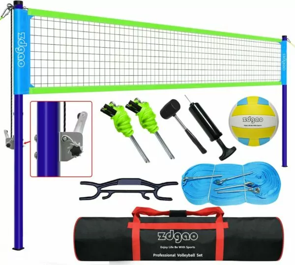 Volleyball Net Outdoor - Professional Volleyball Set with Height Adjustable Aluminum Poles and Anti-Sag System, Boundary Line, Volleyball and Pump