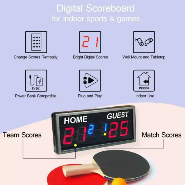 Electronic Wireless Remote Ping Pong Indoor Score Keeper Scoreboard, 6 Digits Round Scores 0-99 Red Match Scores 0-9 Blue, Tabletop Wall Mount - Image 6