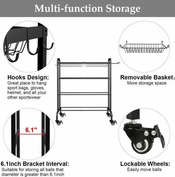 Basketball Football Soccer Volleyball Sports Equipment Storage Rolling 4-Tier Ball Rack Organizer with Wheels Stand Holder Black - Image 5