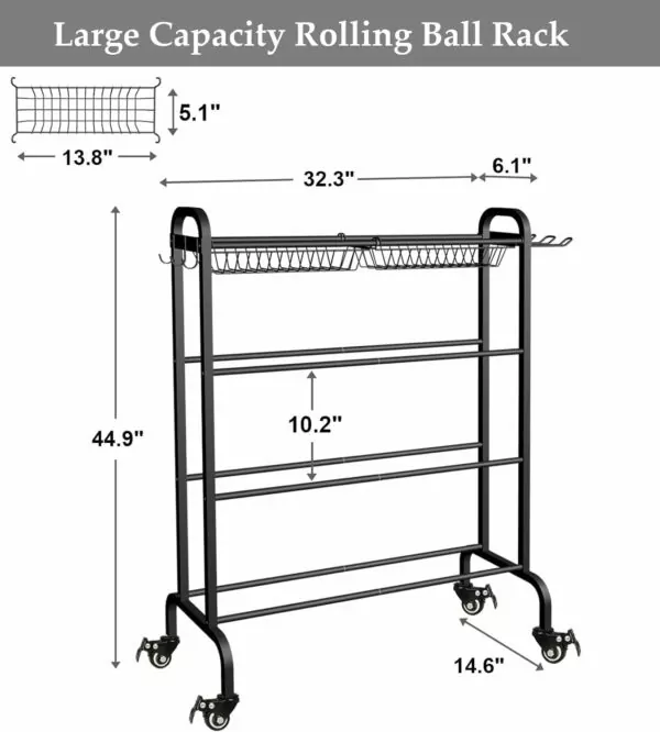 Basketball Football Soccer Volleyball Sports Equipment Storage Rolling 4-Tier Ball Rack Organizer with Wheels Stand Holder Black - Image 4