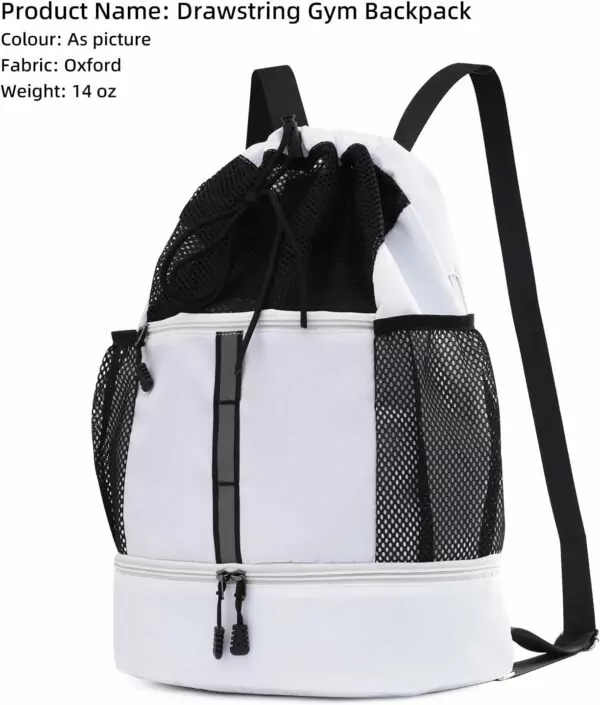 Valleycomfy Drawstring Gym Bag Sports Backpack With Shoe Compartment and Reflective Strips White