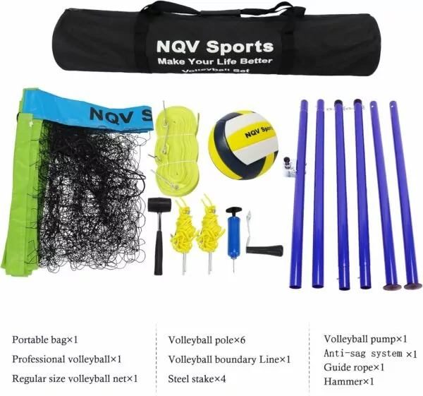 7140qBvelRL. AC SL1500 NQV Professional Outdoor Volleyball Net Set - Adjustable 3 Levels Height Steel Poles, Anti-sag System, Volleyball, Pump, Boundary Line, and Carrying Bag for Backyard