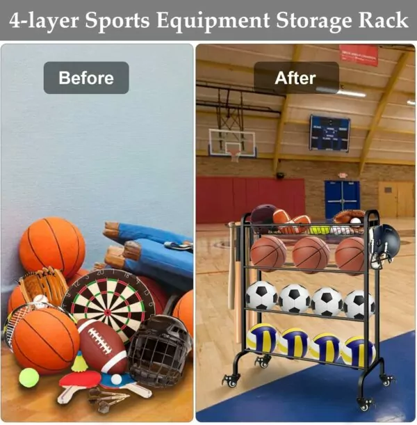 Basketball Football Soccer Volleyball Sports Equipment Storage Rolling 4-Tier Ball Rack Organizer with Wheels Stand Holder Black - Image 6