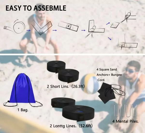 Beach Volleyball Lines by OMSORG: 2 in 1 Heavy Duty Boundary Lines with Reinforced Corners, 2 Inch, Official Size 26.3' X 52.6' for Sand and Backyard