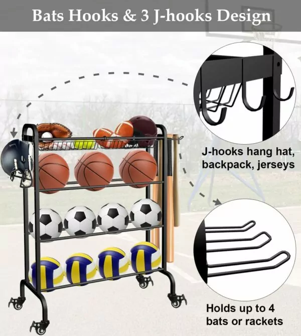 Basketball Football Soccer Volleyball Sports Equipment Storage Rolling 4-Tier Ball Rack Organizer with Wheels Stand Holder Black - Image 3