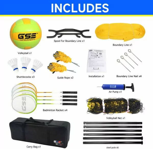 71uk+jZEhEL. AC SL1500 GSE Games & Sports Expert Portable Volleyball & Badminton Combo Set with Net, 4 Badminton Rackets & 3 Birdies, Volleyball & Pump, Boundary Line, Carrying Bag (2 Styles Available)