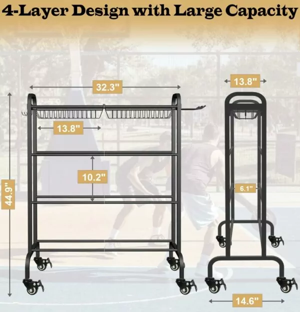 Artibear Rolling Metal Basketball Volleyball Football Sports Equipment Storage Stand Organizer with Wheels, Racks, Baskets, and Hooks, Black - Image 4