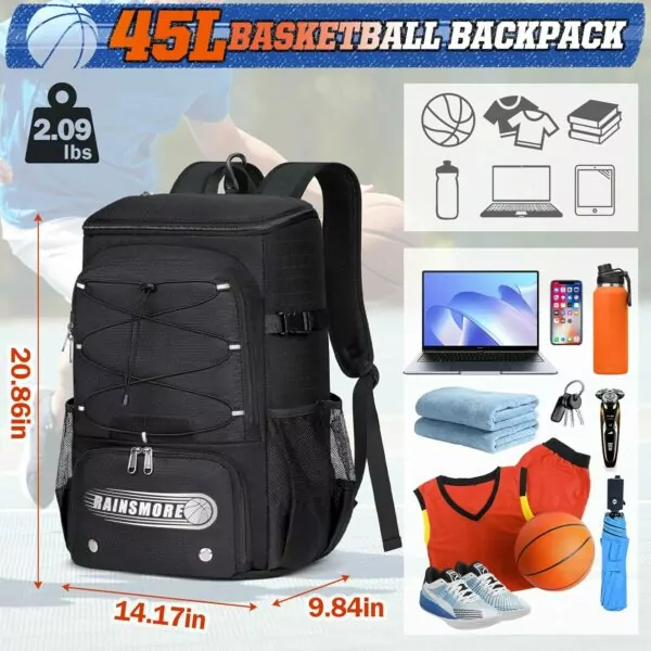 RAINSMORE Basketball Backpack 45L Basketball Bag with Separate Ball Holder & Shoes Compartment Water Resistant Sports Bag Basketball Equipment Bags Fit Volleyball, Soccer, Swim, Gym, Travel - Image 5