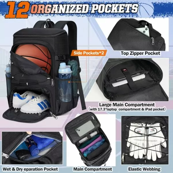 RAINSMORE Basketball Backpack 45L Basketball Bag with Separate Ball Holder & Shoes Compartment Water Resistant Sports Bag Basketball Equipment Bags Fit Volleyball, Soccer, Swim, Gym, Travel - Image 3