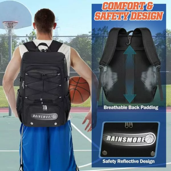 RAINSMORE Basketball Backpack 45L Basketball Bag with Separate Ball Holder & Shoes Compartment Water Resistant Sports Bag Basketball Equipment Bags Fit Volleyball, Soccer, Swim, Gym, Travel - Image 7