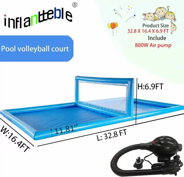 Inflatable Volleyball Pool Court: 33ft Blue Beach Net System for In-Ground Pools, Includes 800W Air Pump, Perfect for Adults and Kids Summer Carnival Parties - Image 6