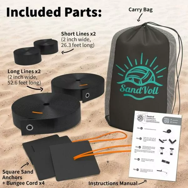 91Oob4G1E6L. AC SL1500 Beach Volleyball Lines for Sand - Portable 2 inch Boundary Lines Set for Outdoor + Sand Anchors and Net Bag. Official Court Size Dimensions (26.3' x 52.6')