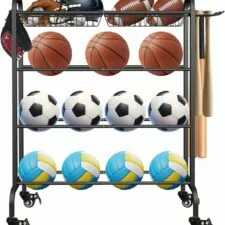 Artibear Basketball Racks Holder for Balls with Wheels, Rolling Metal Sports Equipment Storage Stand Organizer with Baskets and Hooks for Basketballs Footballs Volleyball, Black