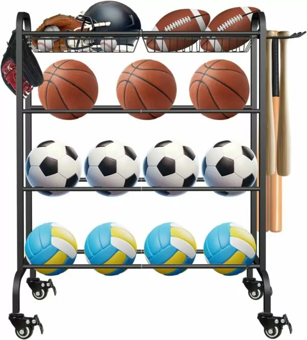 Artibear Basketball Racks Holder for Balls with Wheels, Rolling Metal Sports Equipment Storage Stand Organizer with Baskets and Hooks for Basketballs Footballs Volleyball, Black