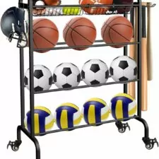 Ball Rack Organizer with Wheels, 4Tier-Rolling Basketball Racks Holder for Balls, Sports Equipment Storage Stand Organizer for Basketball, Football, Soccer and Volleyball, Black