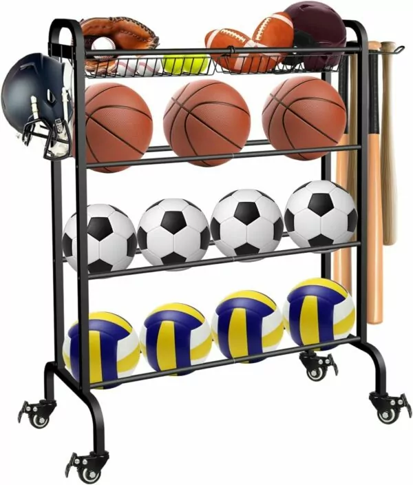 Ball Rack Organizer with Wheels, 4Tier-Rolling Basketball Racks Holder for Balls, Sports Equipment Storage Stand Organizer for Basketball, Football, Soccer and Volleyball, Black