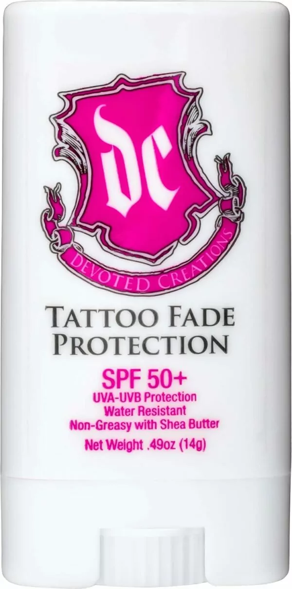 Devoted Creations Tattoo Fade Protection Stick with SPF 50+ UVA-UVB Protection, Water Resistant, Non-Greasy with Shea Butter .49oz (Pink/Blue)