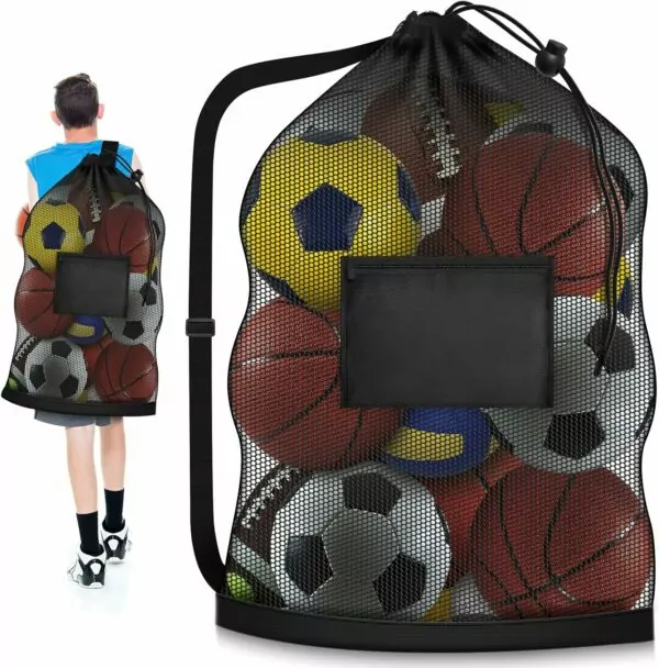 Extra Large Soccer Ball Bag, 40" x 30" Drawstring Mesh Ball Bag with Pocket, Heavy Duty Sport Net Sack for Coaches, Storage Bag for Basketball, Volleyball, Gym Equipment, Swimming Gear