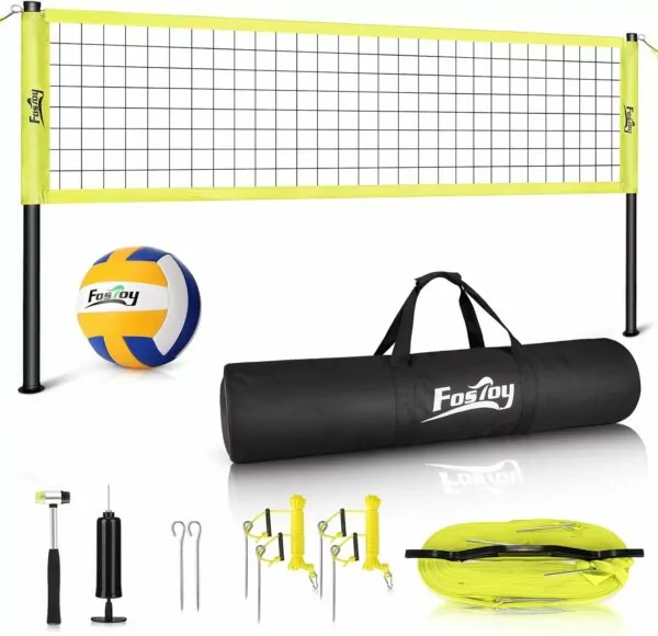 Fostoy Volleyball Net Outdoor, Professional Portable Volleyball Net Set with Adjustable Height Poles, Anti-Sag System, Soft Volleyball, Pump, Boundary Line and Carrying Bag for Backyard, Beach, Lawn