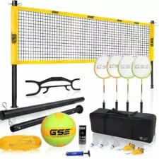 GSE Games & Sports Expert Portable Volleyball & Badminton Combo Set with Net, 4 Badminton Rackets & 3 Birdies, Volleyball & Pump, Boundary Line, Carrying Bag (2 Styles Available)