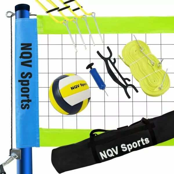 NQV Professional Portable Outdoor Volleyball Net Set with Adjustable 3 Levels Height Steel Poles, Anti-sag System,Volleyball,Pump,Boundary Line and Carrying Bag for Backyard