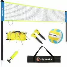 Portable Outdoor Volleyball Net with Iron Adjustable Height Poles, Professional Volleyball Net Set System 32ft with Scoring Clamps for Park, Beach, Lawn