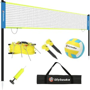 Portable Outdoor Volleyball Net with Iron Adjustable Height Poles, Professional Volleyball Net Set System 32ft with Scoring Clamps for Park, Beach, Lawn