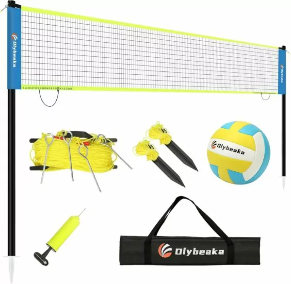 Portable Outdoor Volleyball Net with Iron Adjustable Height Poles, Professional Volleyball Net Set System 32ft with Scoring Clamps for Park, Beach, Lawn