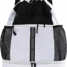 Valleycomfy Drawstring Gym Bag Sports Backpack With Shoe Compartment and Reflective Strips White