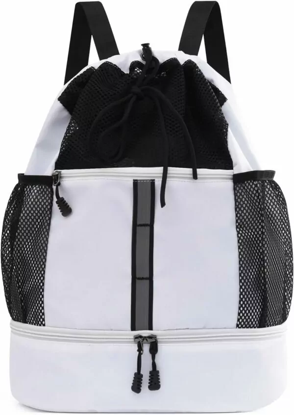 Valleycomfy Drawstring Gym Bag Sports Backpack With Shoe Compartment and Reflective Strips White