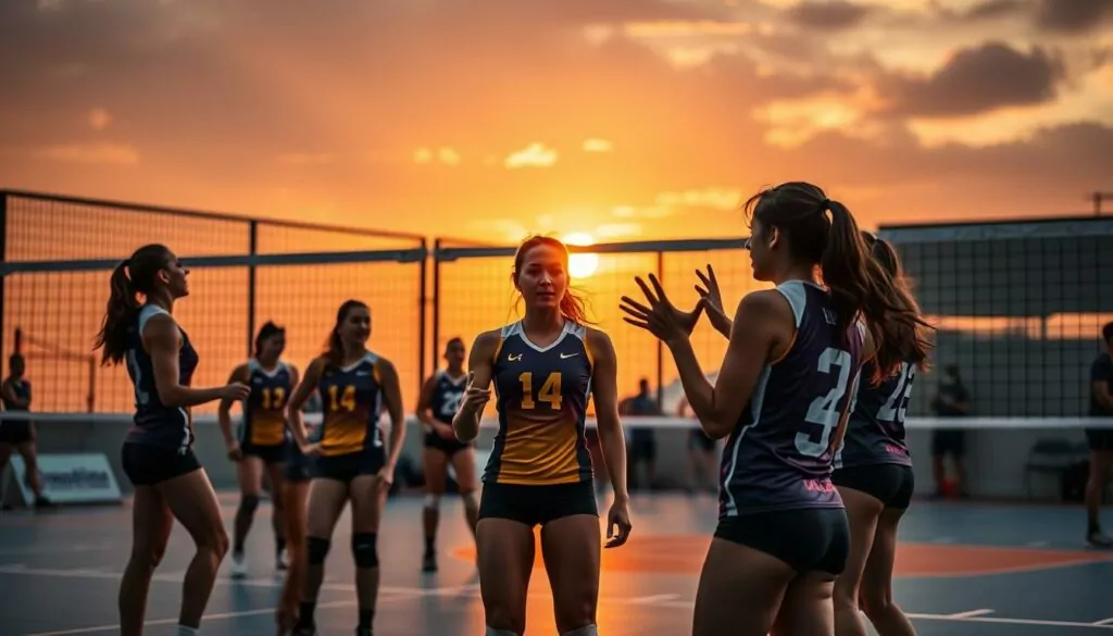 Volleyball players communicating on court